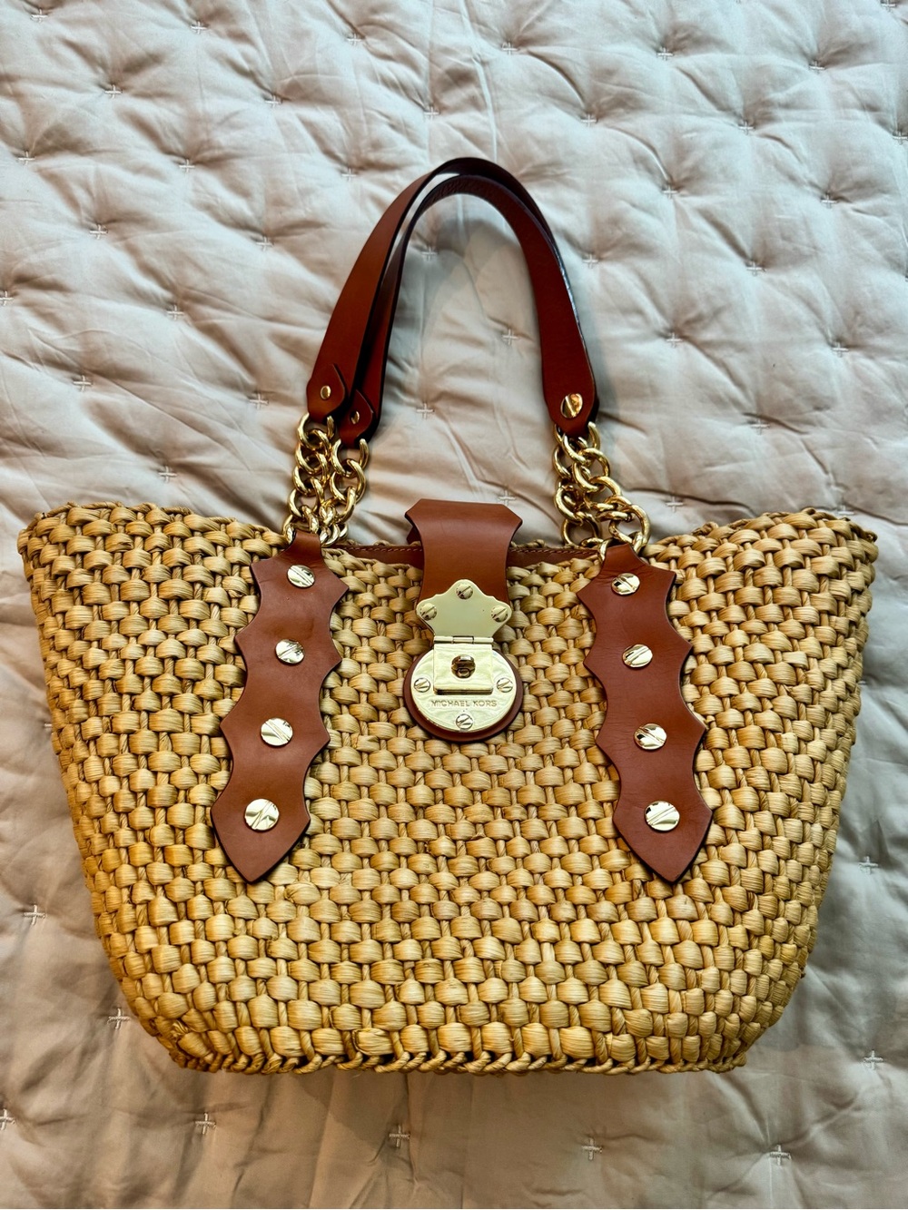 Michael Kors Leather & Raffia Bag - Brown Double Handles with Gold Hardware